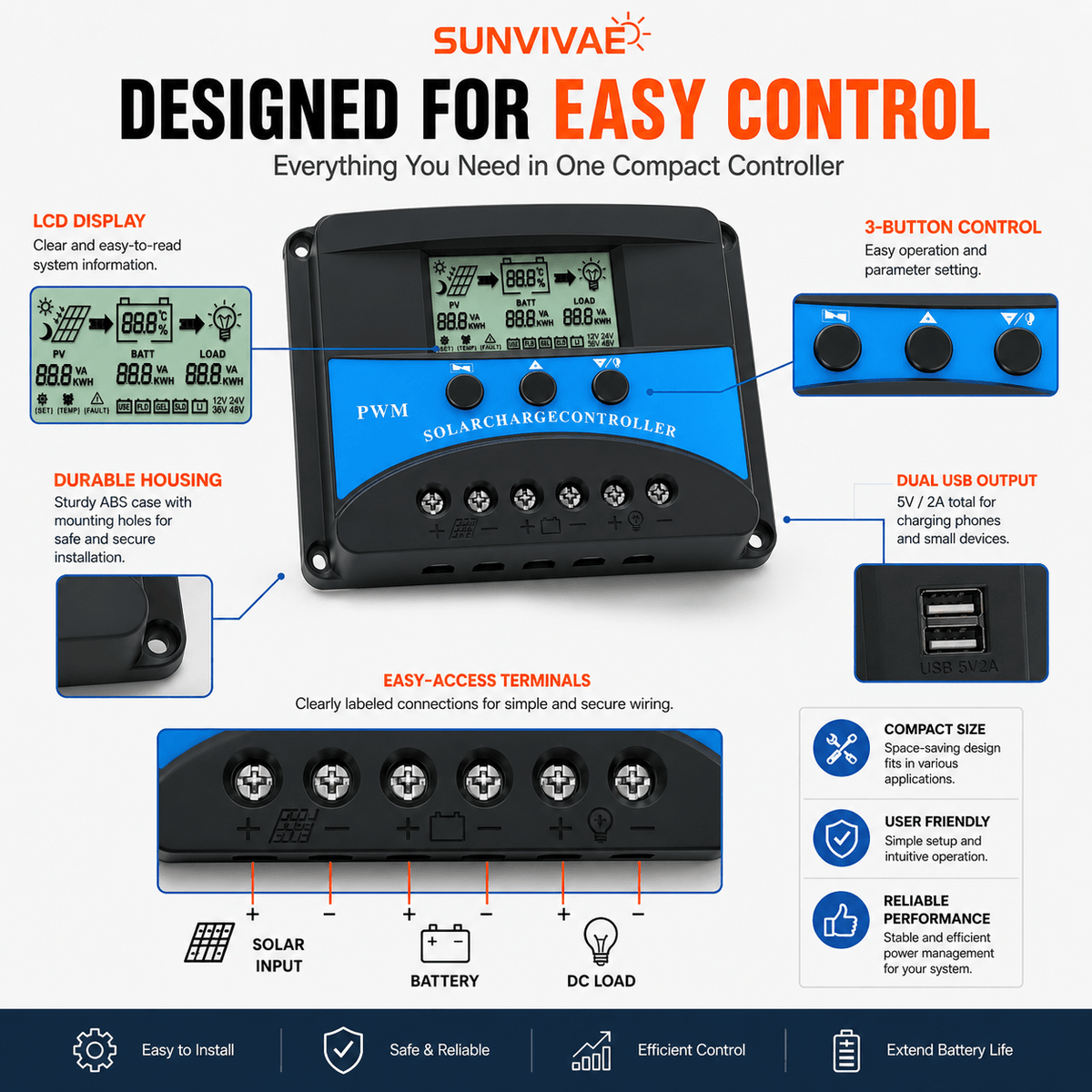 Sunvivae 30A PWM Solar Charge Controller for 12V/24V Batteries with LCD & Dual USB - Sunvivae