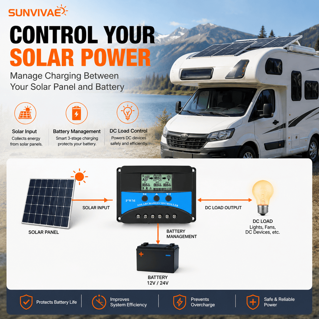 Sunvivae 30A PWM Solar Charge Controller for 12V/24V Batteries with LCD & Dual USB - Sunvivae