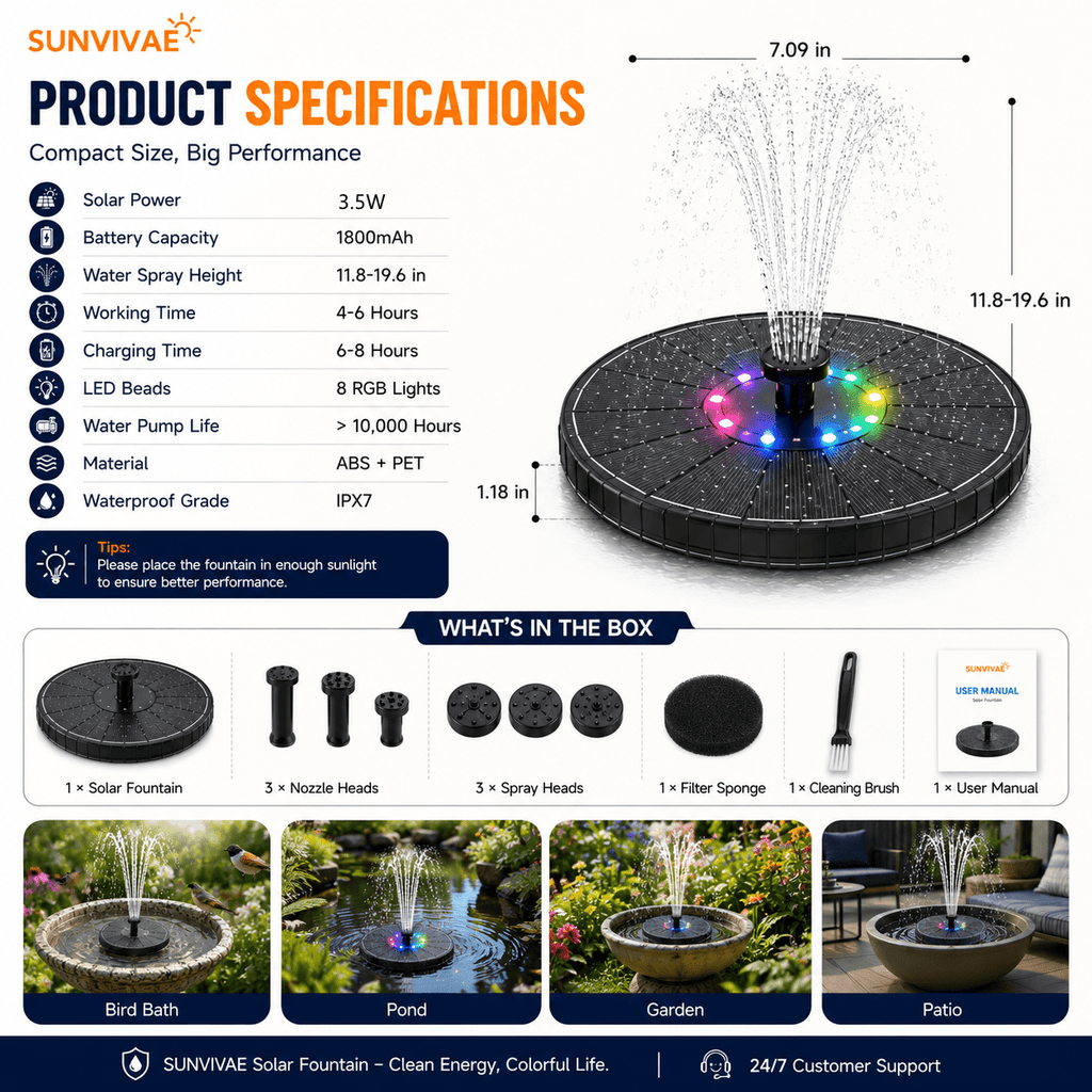 Sunvivae 3.5W Solar Bird Bath Fountain with Colorful LED Lights, 3 Spray Heights, 7 Nozzles & 1800mAh Battery - Sunvivae