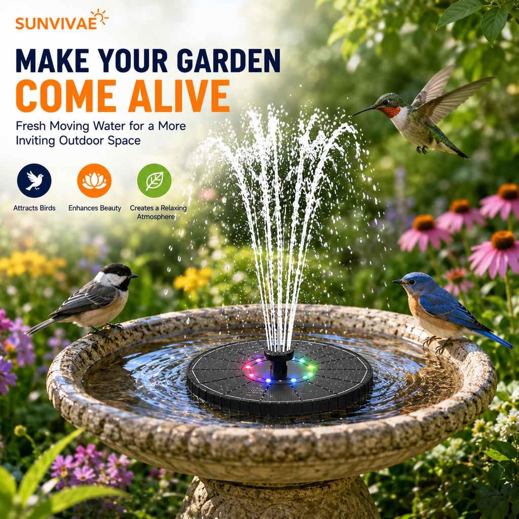 Sunvivae 3.5W Solar Bird Bath Fountain with Colorful LED Lights, 3 Spray Heights, 7 Nozzles & 1800mAh Battery - Sunvivae