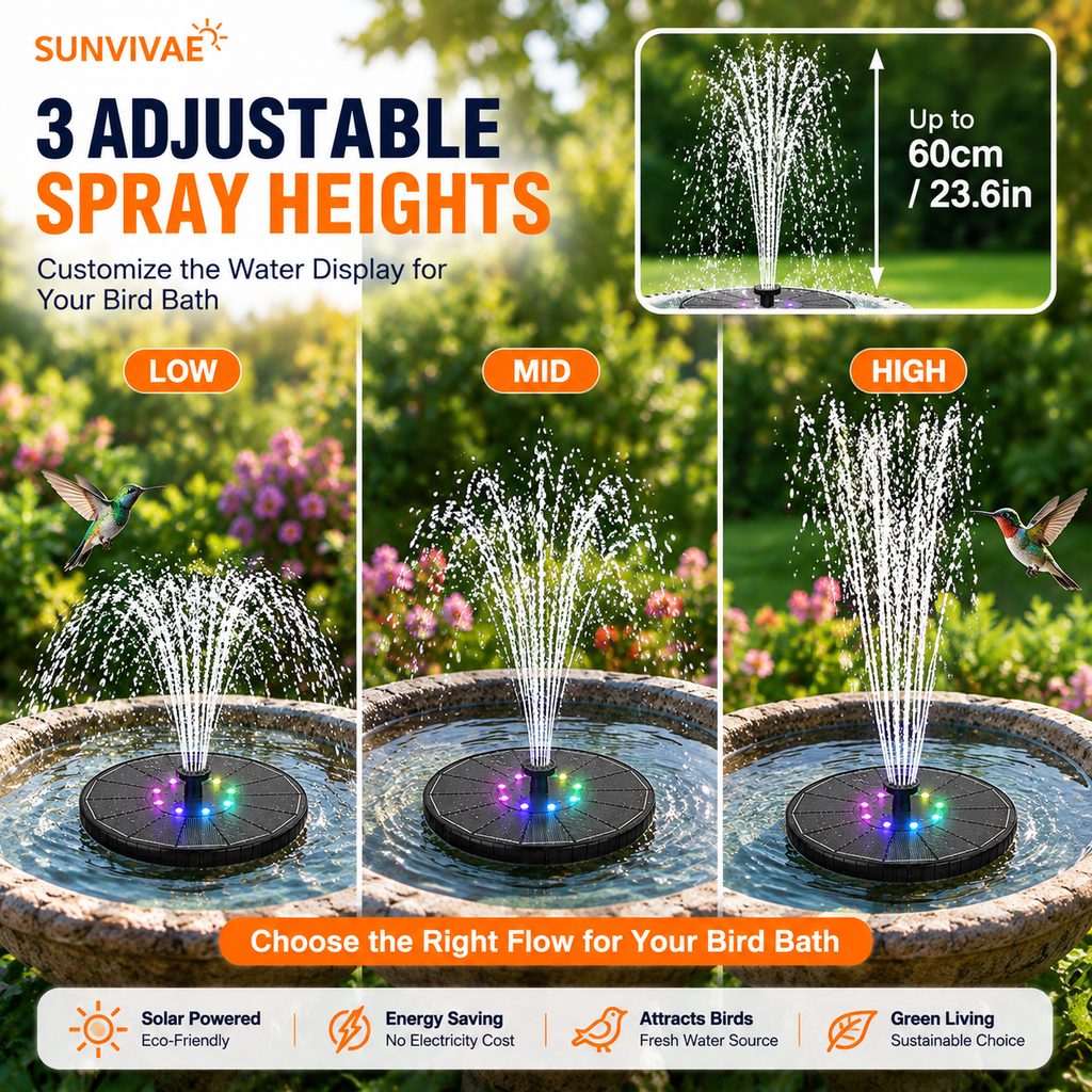 Sunvivae 3.5W Solar Bird Bath Fountain with Colorful LED Lights, 3 Spray Heights, 7 Nozzles & 1800mAh Battery - Sunvivae