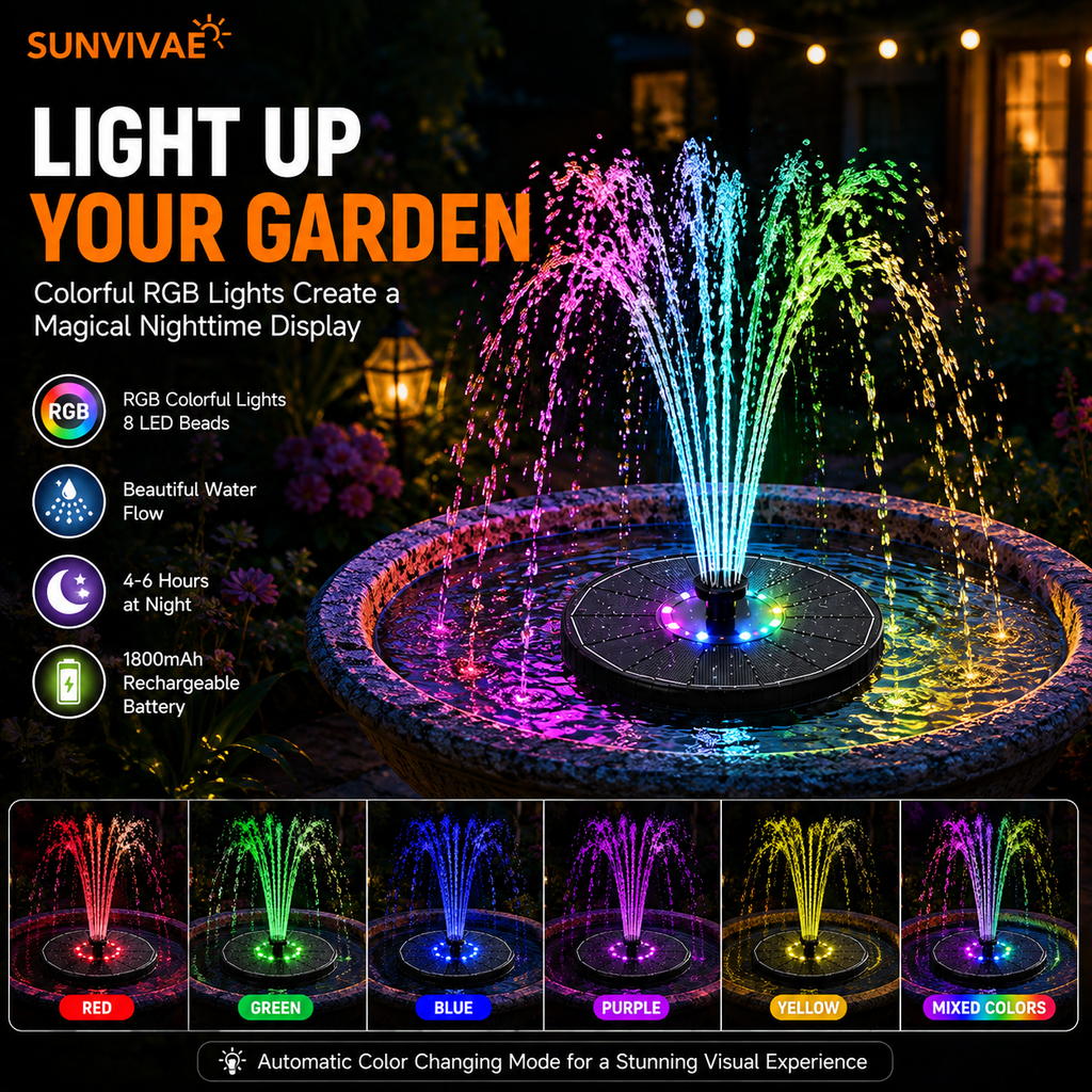 Sunvivae 3.5W Solar Bird Bath Fountain with Colorful LED Lights, 3 Spray Heights, 7 Nozzles & 1800mAh Battery - Sunvivae