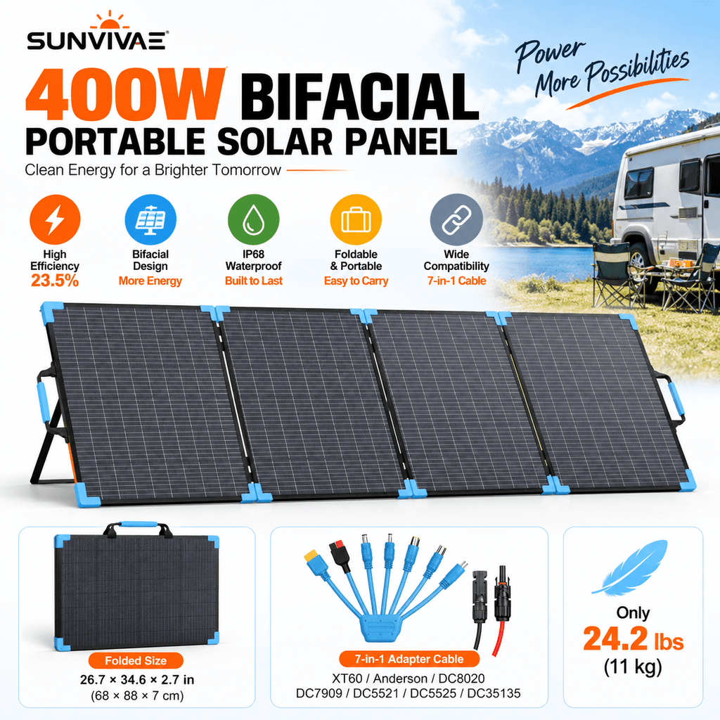 Sunvivae 400W Bifacial Foldable Solar Panel with 7-in-1 Adapter Cable - Sunvivae