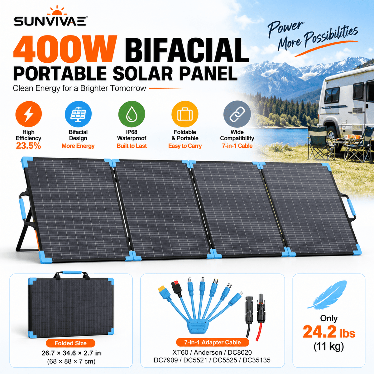 Sunvivae 400W Bifacial Foldable Solar Panel with 7-in-1 Adapter Cable - Sunvivae