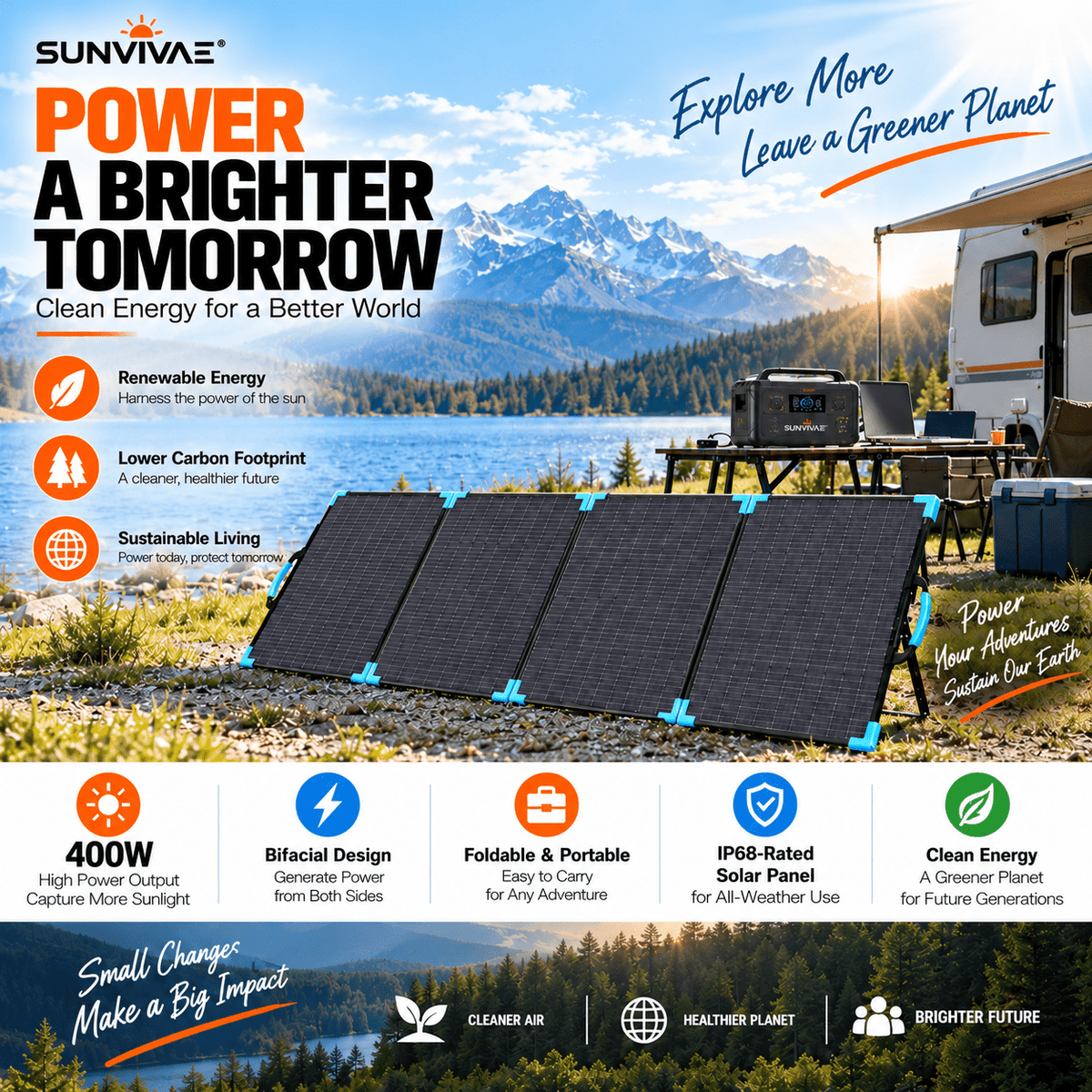 Sunvivae 400W Bifacial Foldable Solar Panel with 7-in-1 Adapter Cable - Sunvivae