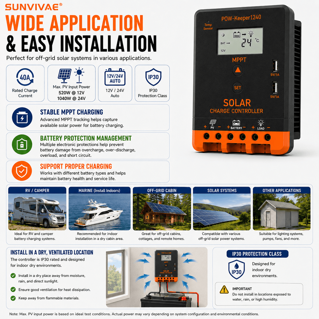 Sunvivae 40A MPPT Solar Charge Controller, 12V/24V Auto, 520W/1040W with LCD & Dual USB - Sunvivae