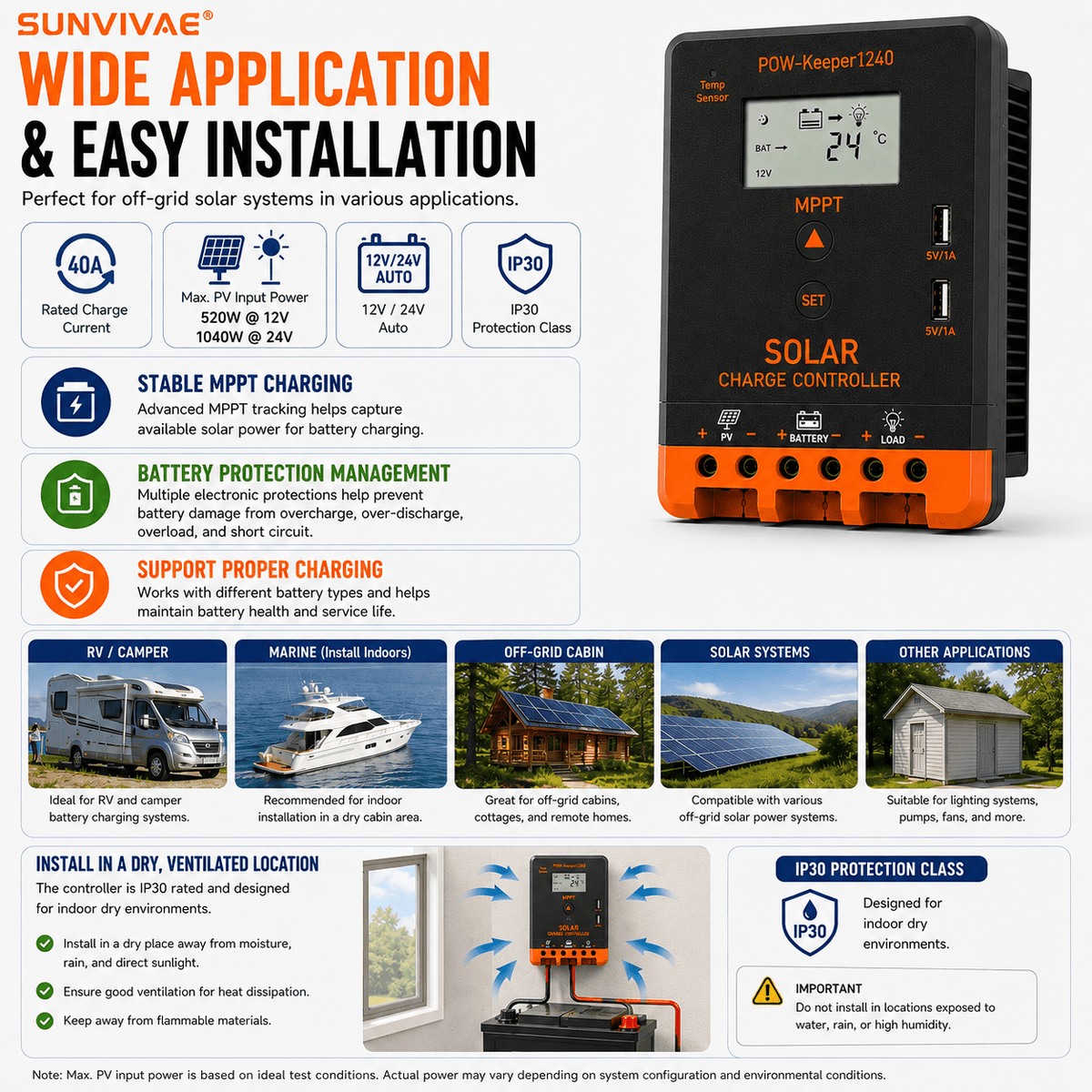 Sunvivae 40A MPPT Solar Charge Controller, 12V/24V Auto, 520W/1040W with LCD & Dual USB - Sunvivae