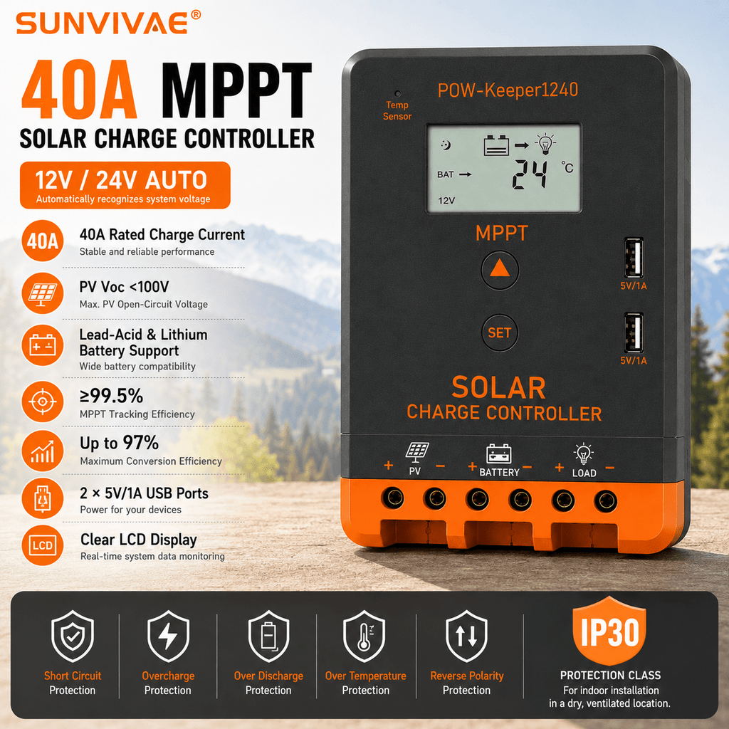 Sunvivae 40A MPPT Solar Charge Controller, 12V/24V Auto, 520W/1040W with LCD & Dual USB - Sunvivae