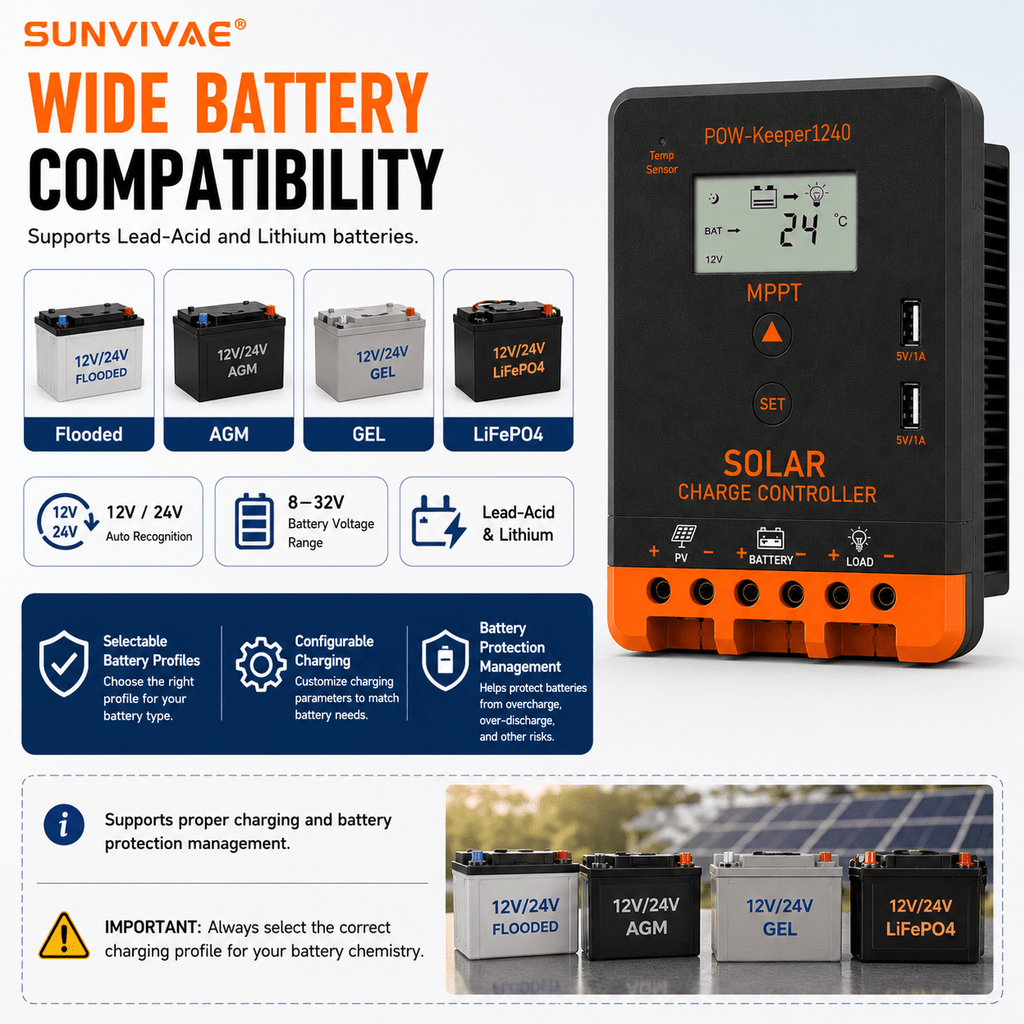 Sunvivae 40A MPPT Solar Charge Controller, 12V/24V Auto, 520W/1040W with LCD & Dual USB - Sunvivae