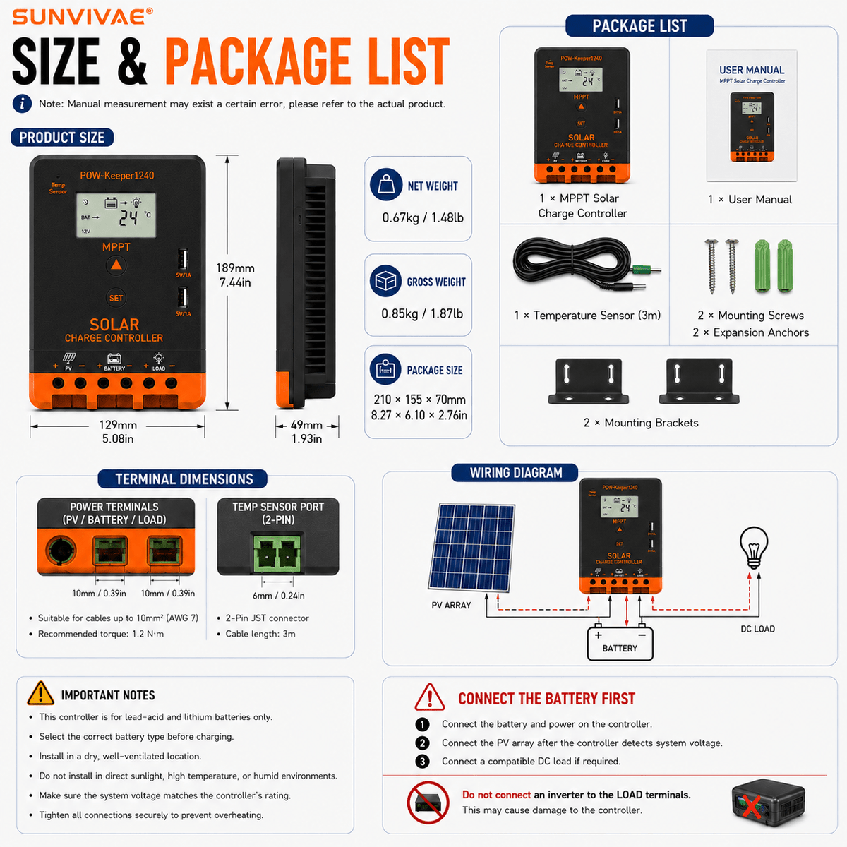 Sunvivae 40A MPPT Solar Charge Controller, 12V/24V Auto, 520W/1040W with LCD & Dual USB - Sunvivae