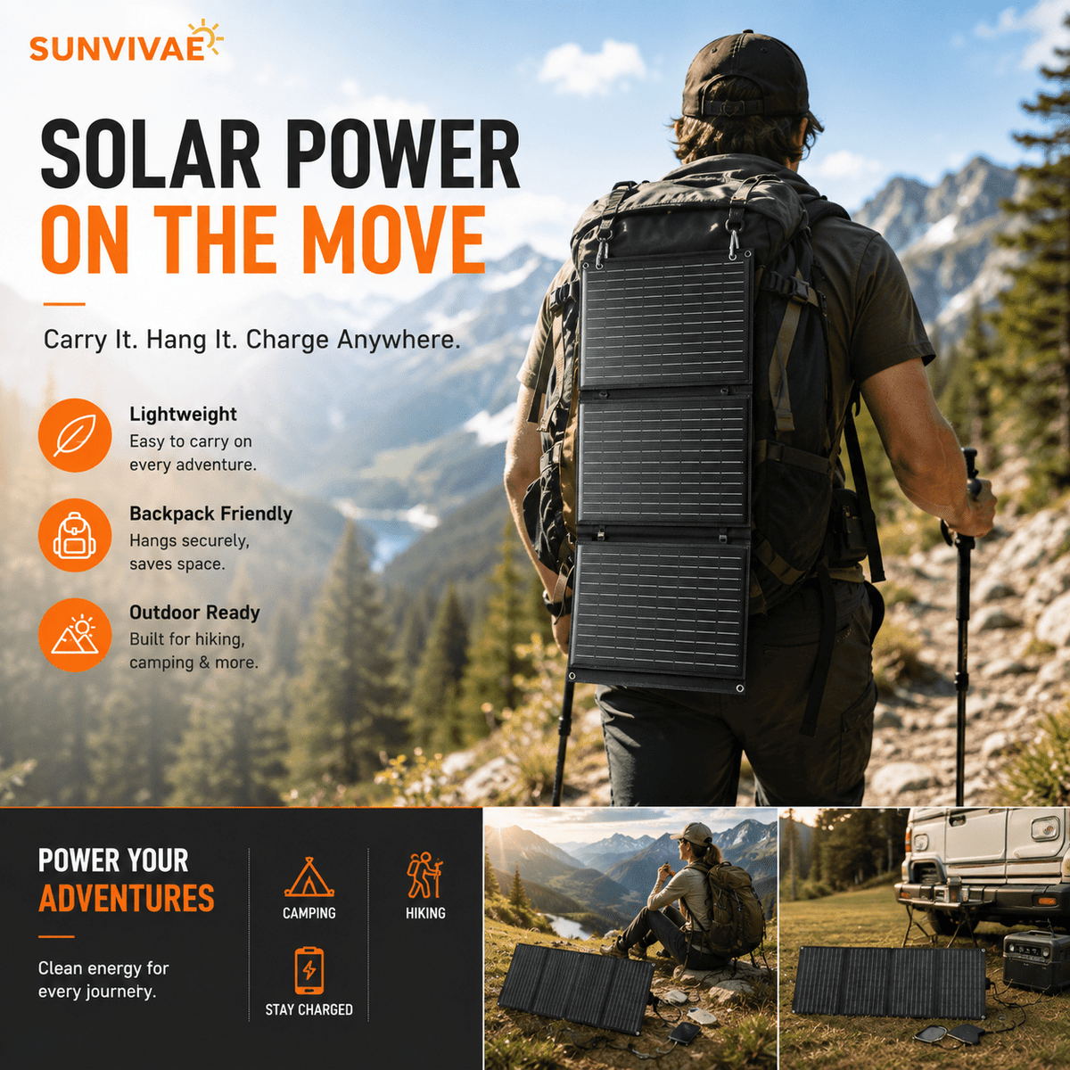 Sunvivae 40W Portable Solar Panel | 4-Fold USB Charger for Camping & Hiking - Sunvivae