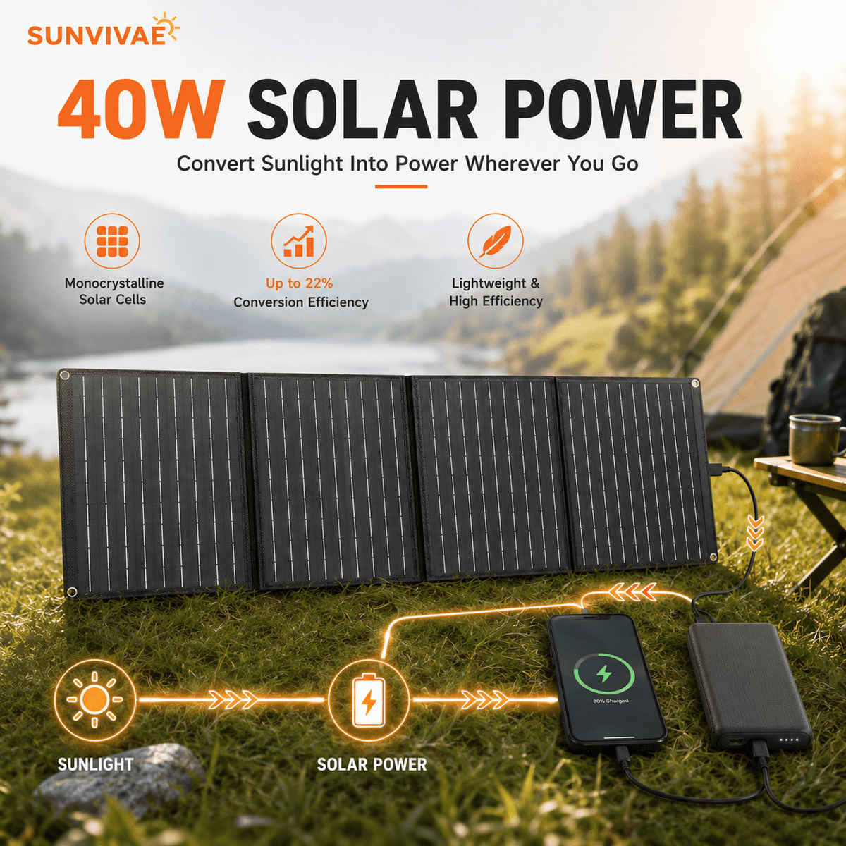 Sunvivae 40W Portable Solar Panel | 4-Fold USB Charger for Camping & Hiking - Sunvivae