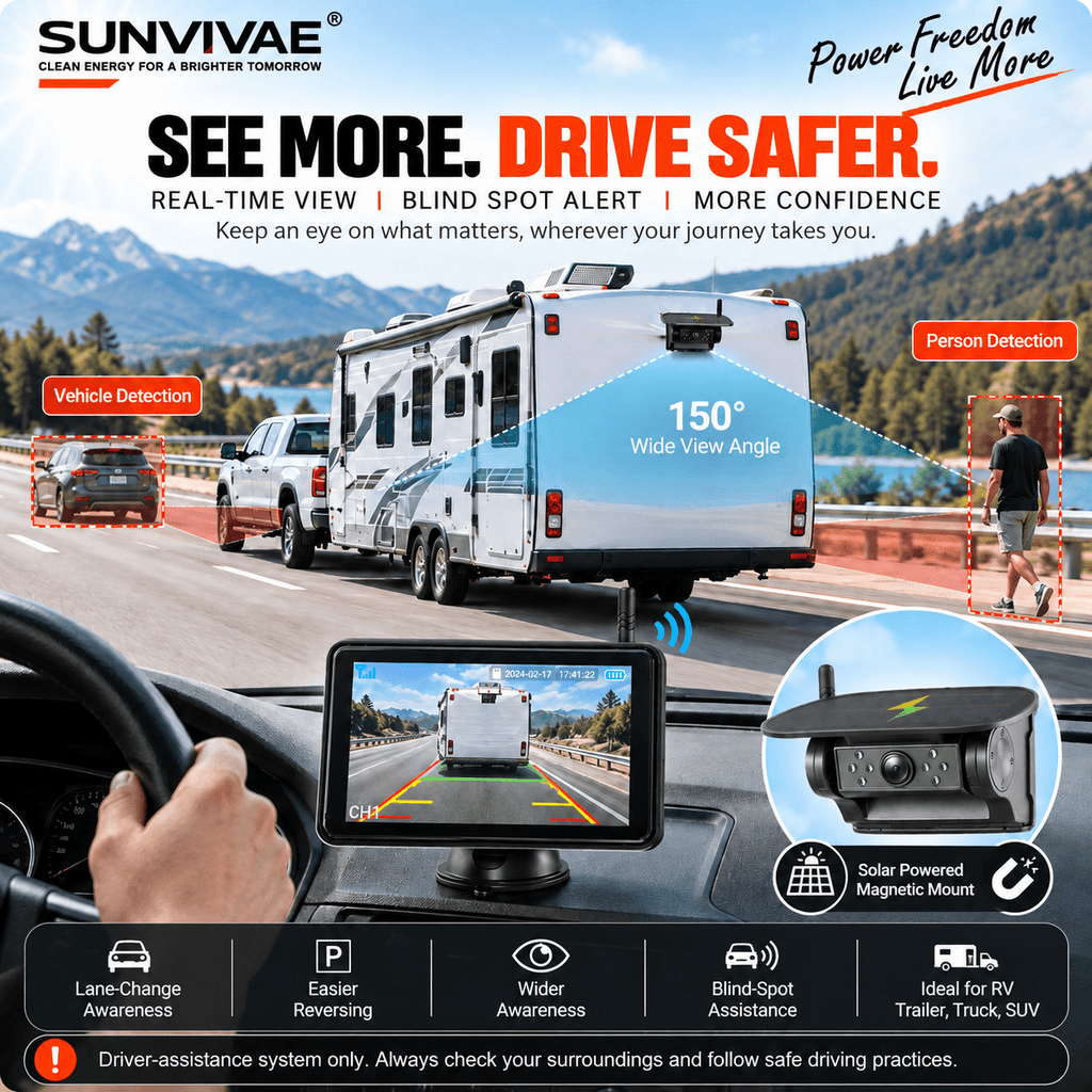 SUNVIVAE 5" Wireless Solar Backup Camera System with BSD & DVR - Sunvivae