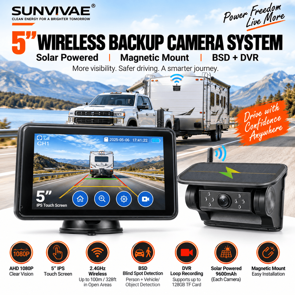 SUNVIVAE 5" Wireless Solar Backup Camera System with BSD & DVR - Sunvivae