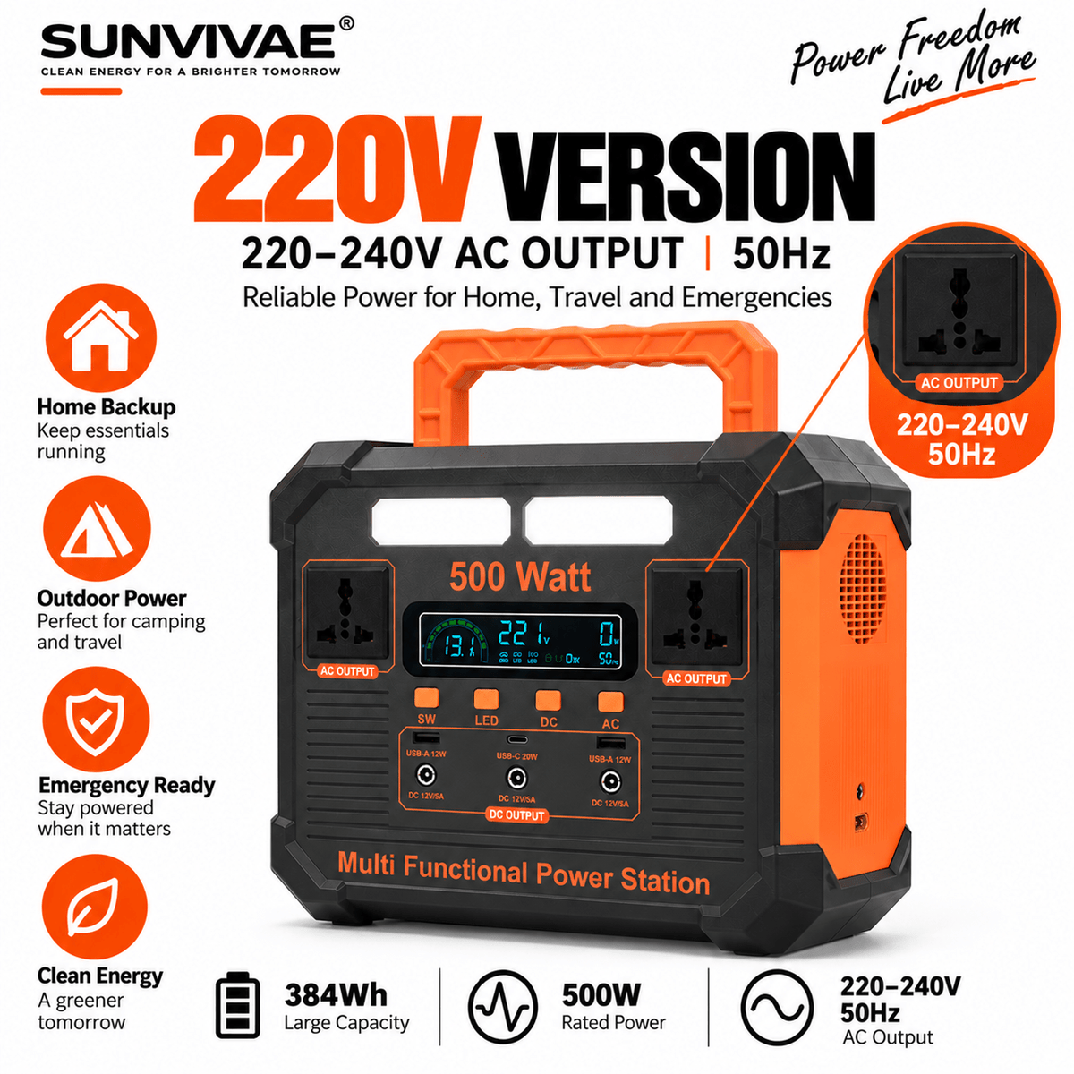 SUNVIVAE 500W Portable Power Station – 384Wh LiFePO₄ Backup Power - Sunvivae