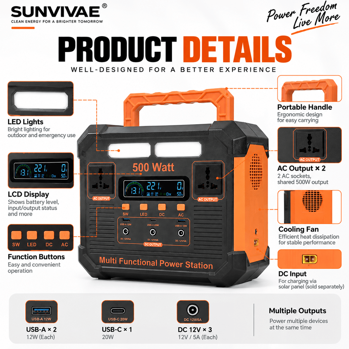 SUNVIVAE 500W Portable Power Station – 384Wh LiFePO₄ Backup Power - Sunvivae