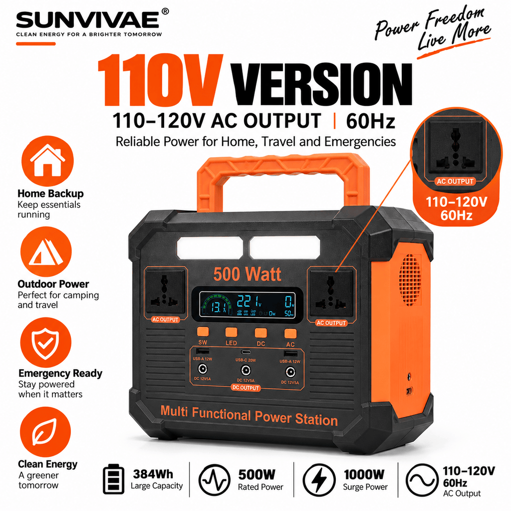 SUNVIVAE 500W Portable Power Station – 384Wh LiFePO₄ Backup Power - Sunvivae