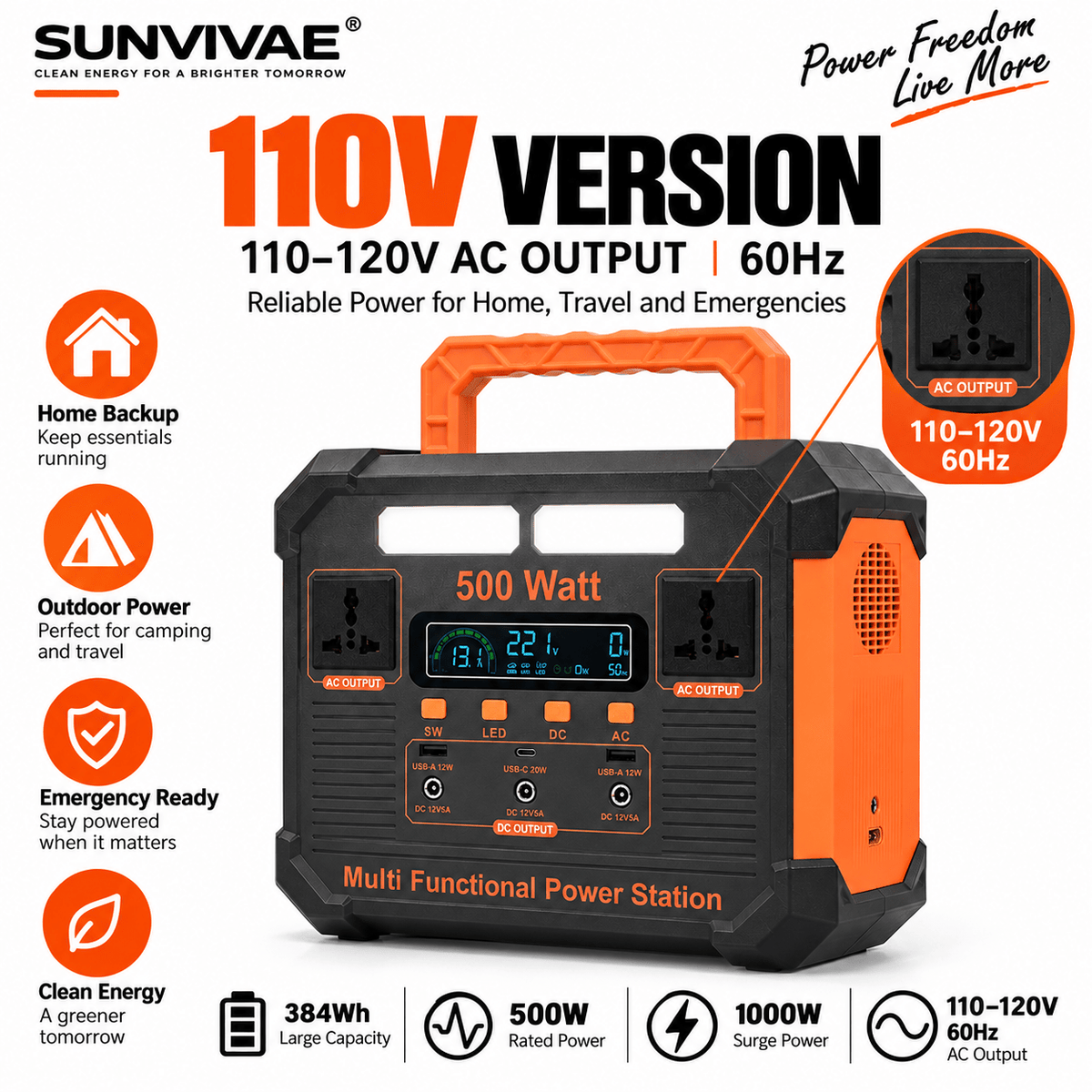 SUNVIVAE 500W Portable Power Station – 384Wh LiFePO₄ Backup Power - Sunvivae