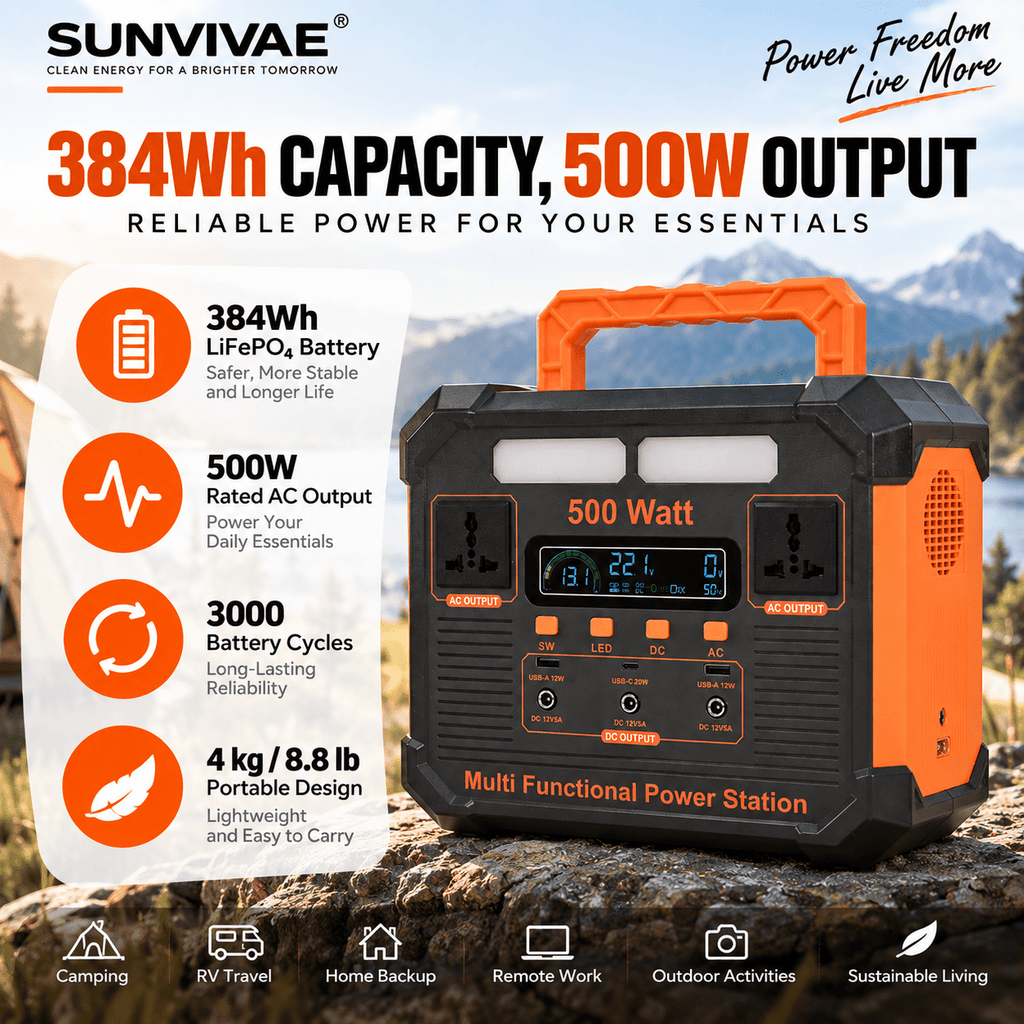 SUNVIVAE 500W Portable Power Station – 384Wh LiFePO₄ Backup Power - Sunvivae