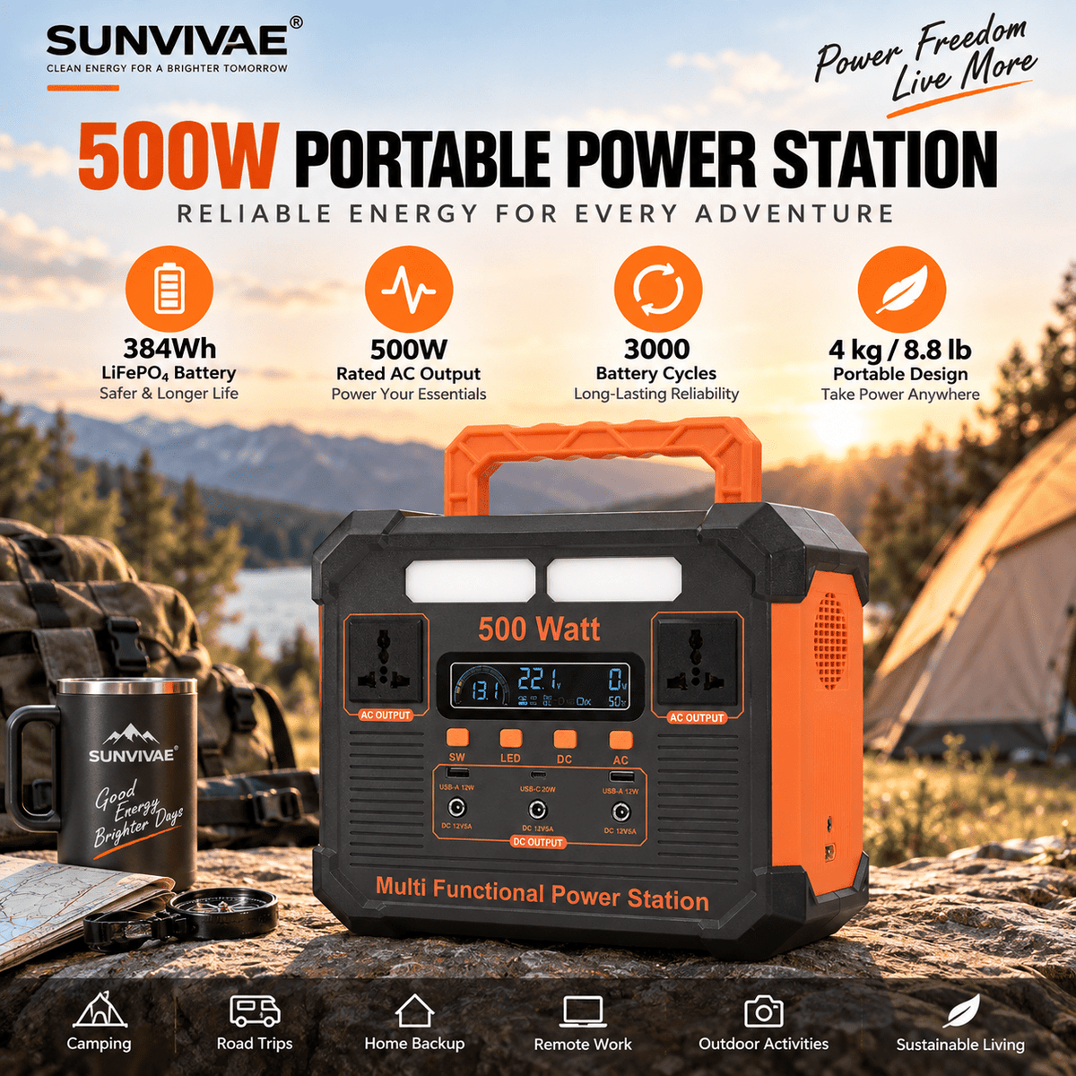 SUNVIVAE 500W Portable Power Station – 384Wh LiFePO₄ Backup Power - Sunvivae