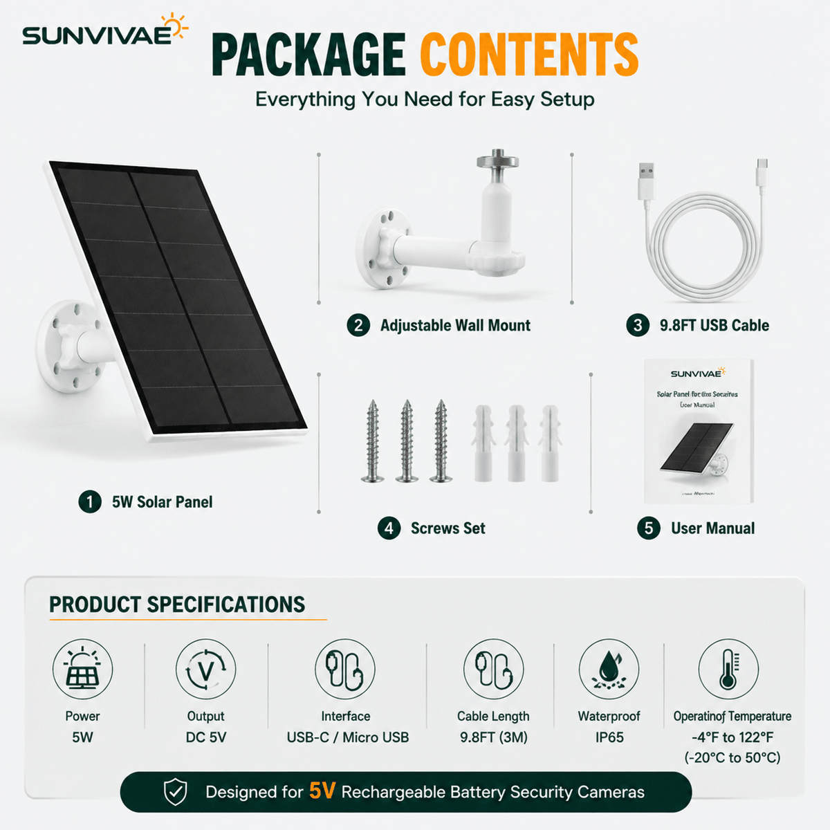 Sunvivae 5W Solar Panel for Battery Security Cameras - Sunvivae