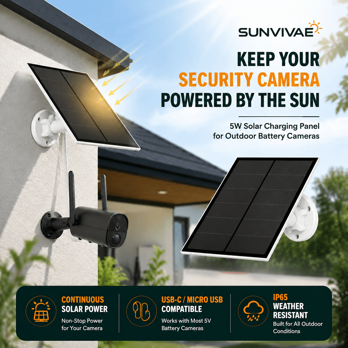Sunvivae 5W Solar Panel for Battery Security Cameras - Sunvivae