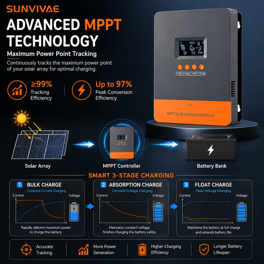 Sunvivae 60A MPPT Solar Charge Controller, 12V/24V/36V/48V Auto, Up to 12 Units in Parallel - Sunvivae