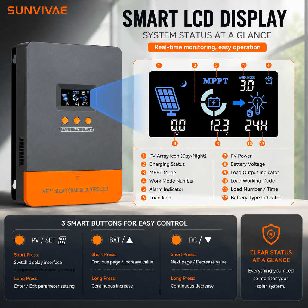 Sunvivae 60A MPPT Solar Charge Controller, 12V/24V/36V/48V Auto, Up to 12 Units in Parallel - Sunvivae