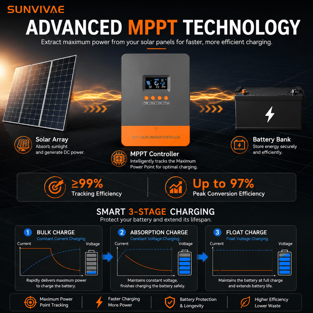 Sunvivae 60A MPPT Solar Charge Controller, 12V/24V/36V/48V Auto, Up to 12 Units in Parallel - Sunvivae