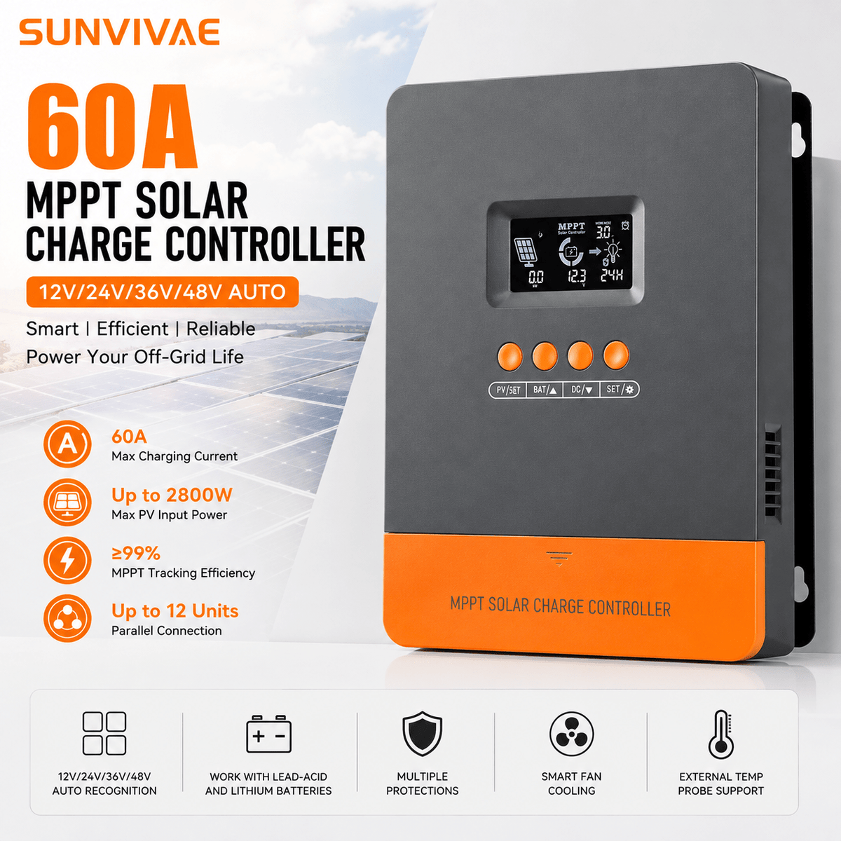 Sunvivae 60A MPPT Solar Charge Controller, 12V/24V/36V/48V Auto, Up to 12 Units in Parallel - Sunvivae