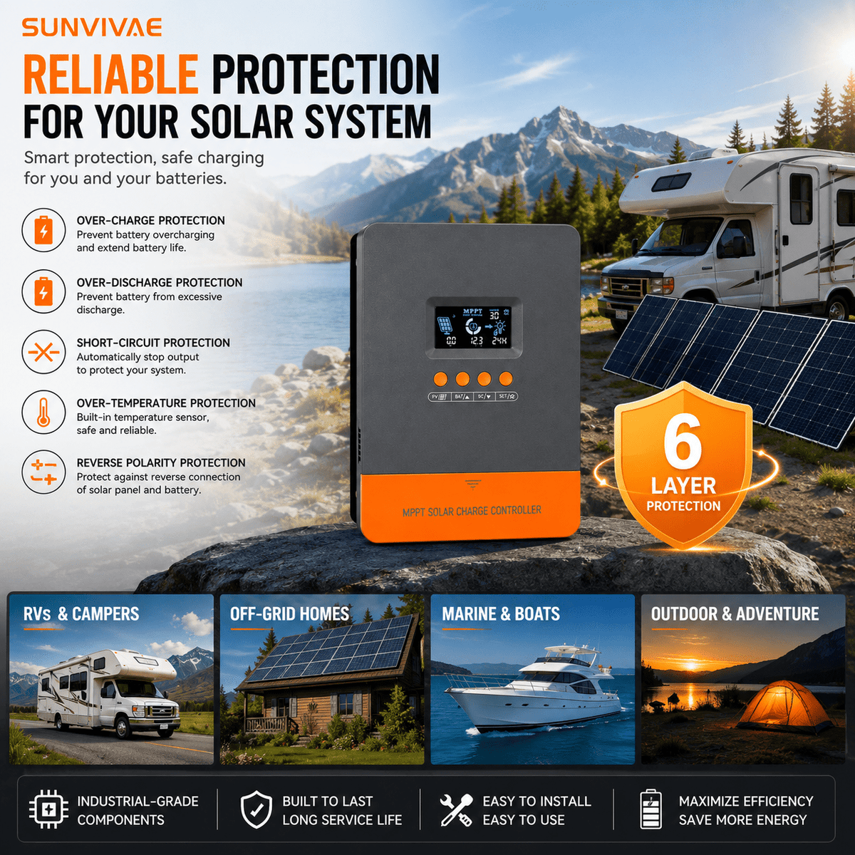 Sunvivae 60A MPPT Solar Charge Controller, 12V/24V/36V/48V Auto, Up to 12 Units in Parallel - Sunvivae