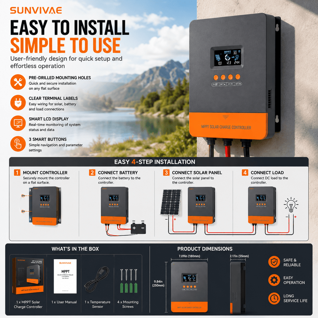 Sunvivae 60A MPPT Solar Charge Controller, 12V/24V/36V/48V Auto, Up to 12 Units in Parallel - Sunvivae