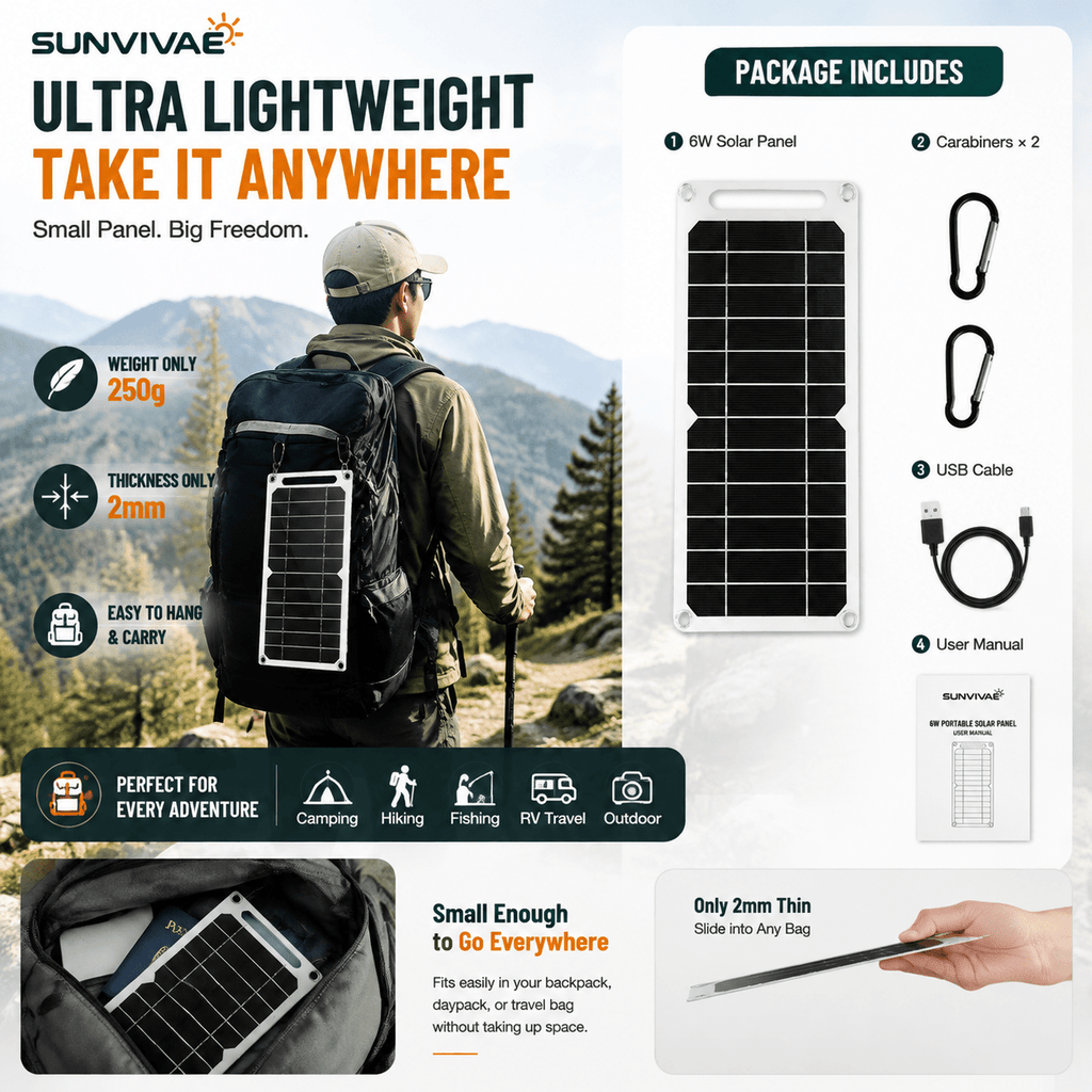 Sunvivae 6W Portable USB Solar Panel for Small Devices - Sunvivae