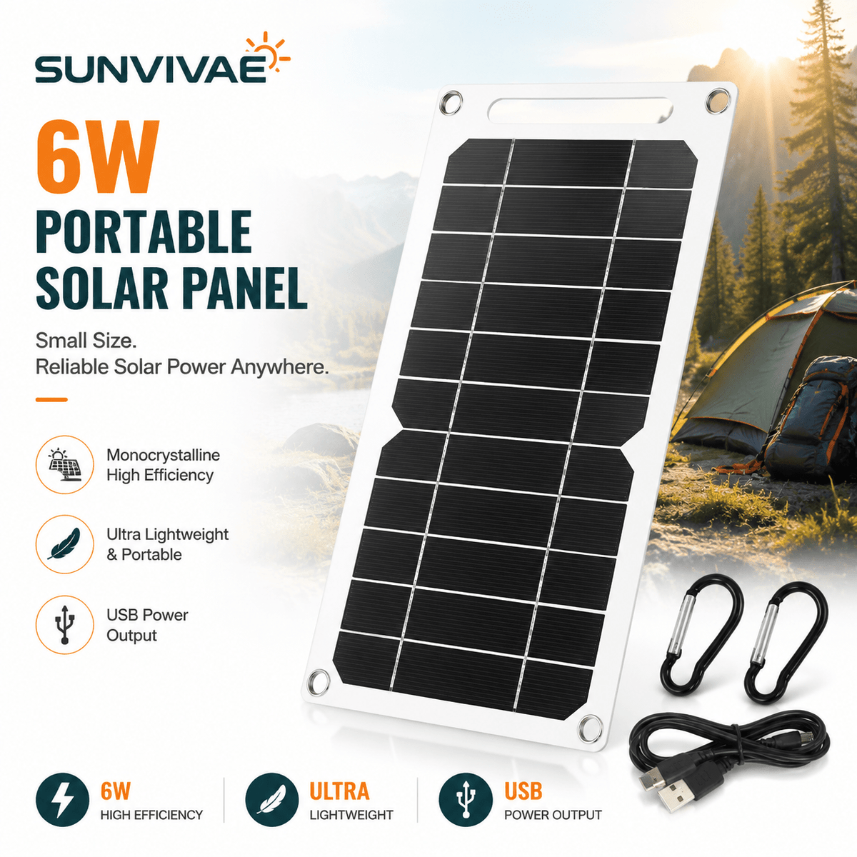 Sunvivae 6W Portable USB Solar Panel for Small Devices - Sunvivae