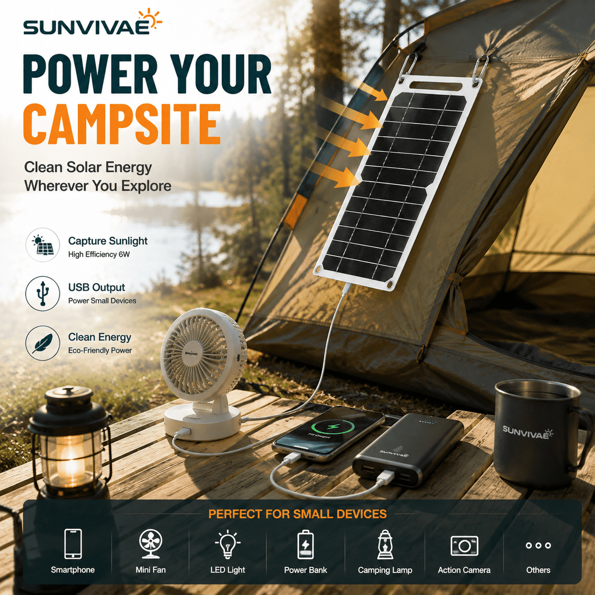 Sunvivae 6W Portable USB Solar Panel for Small Devices - Sunvivae