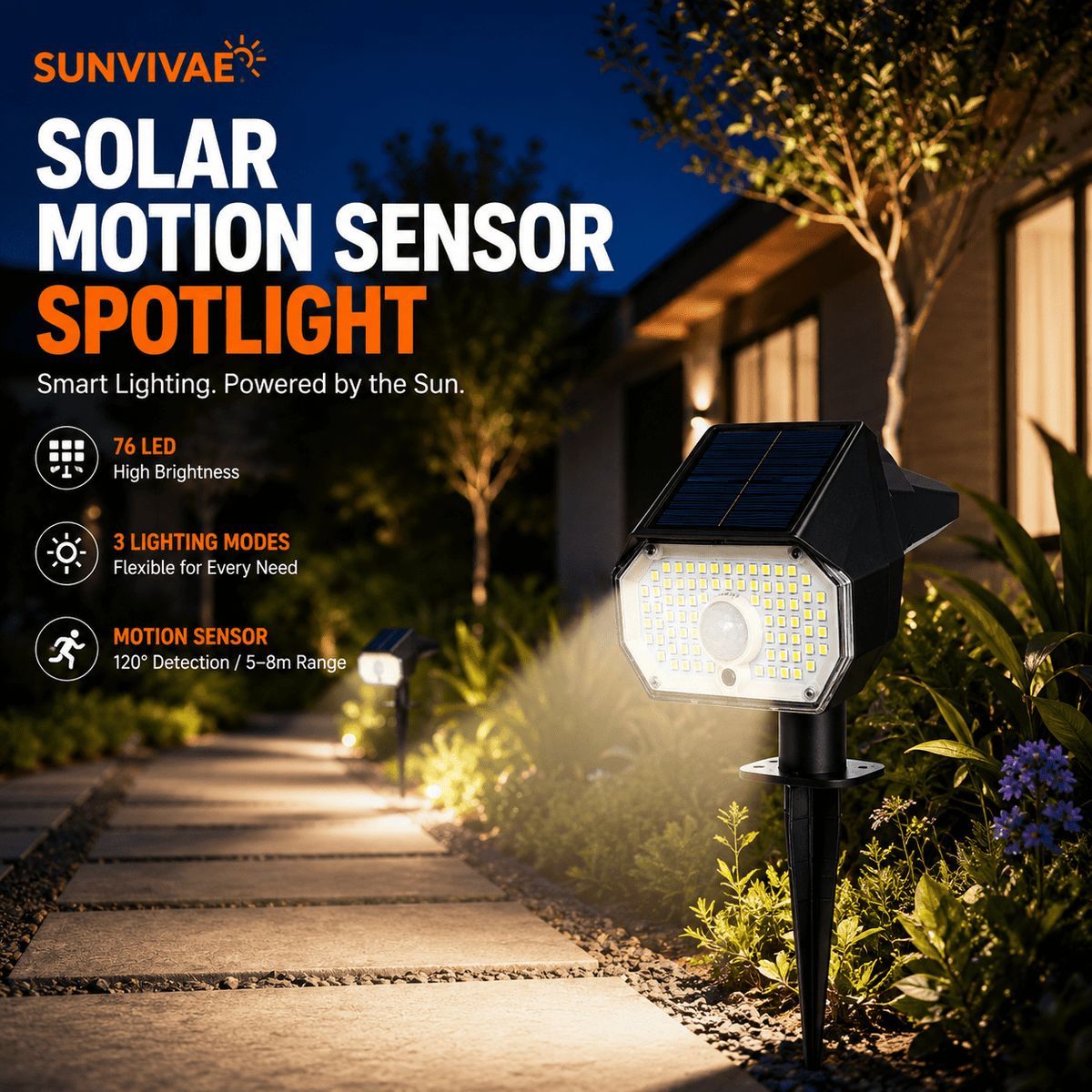 Sunvivae 76 LED Solar Motion Sensor Spotlight | 3 Modes, IP65 - Sunvivae