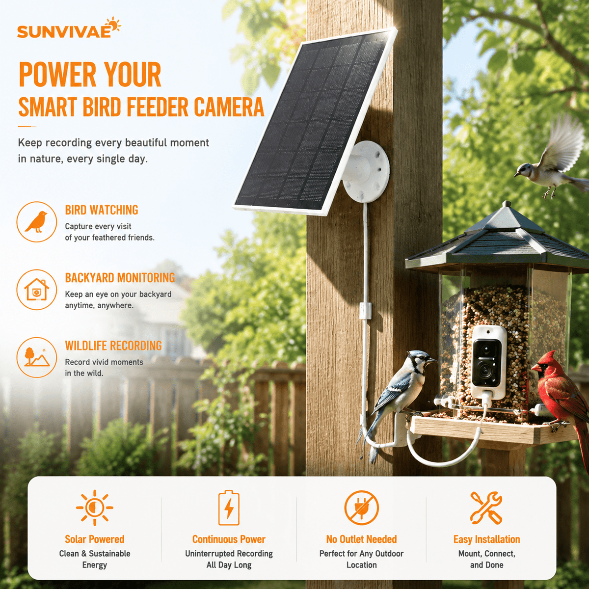 Sunvivae 8W Solar Panel for Bird Feeder & Battery Cameras | USB-C & Micro USB - Sunvivae
