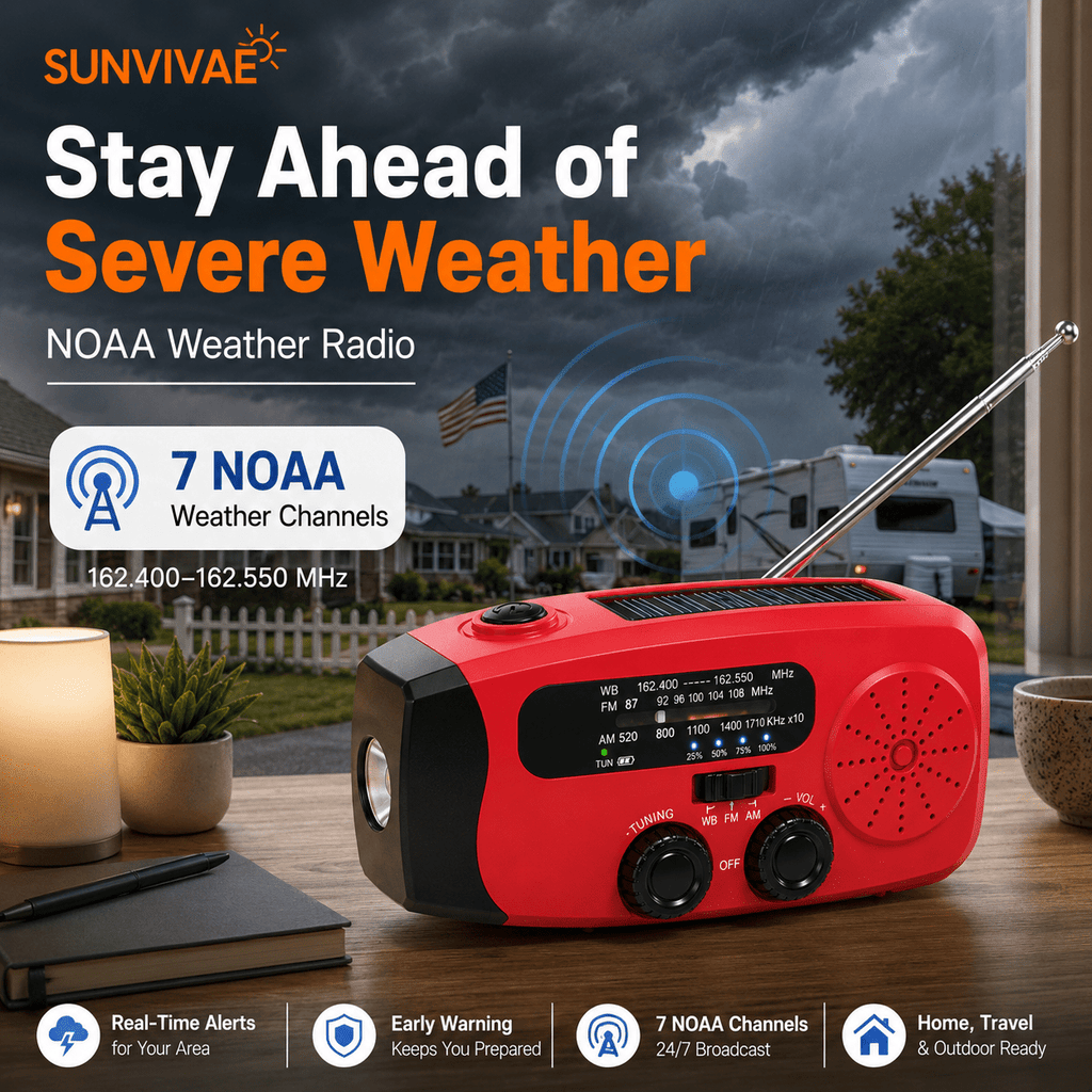 Sunvivae Compact Emergency Weather Radio with Hand Crank, Solar & 2000mAh Power Bank - Sunvivae