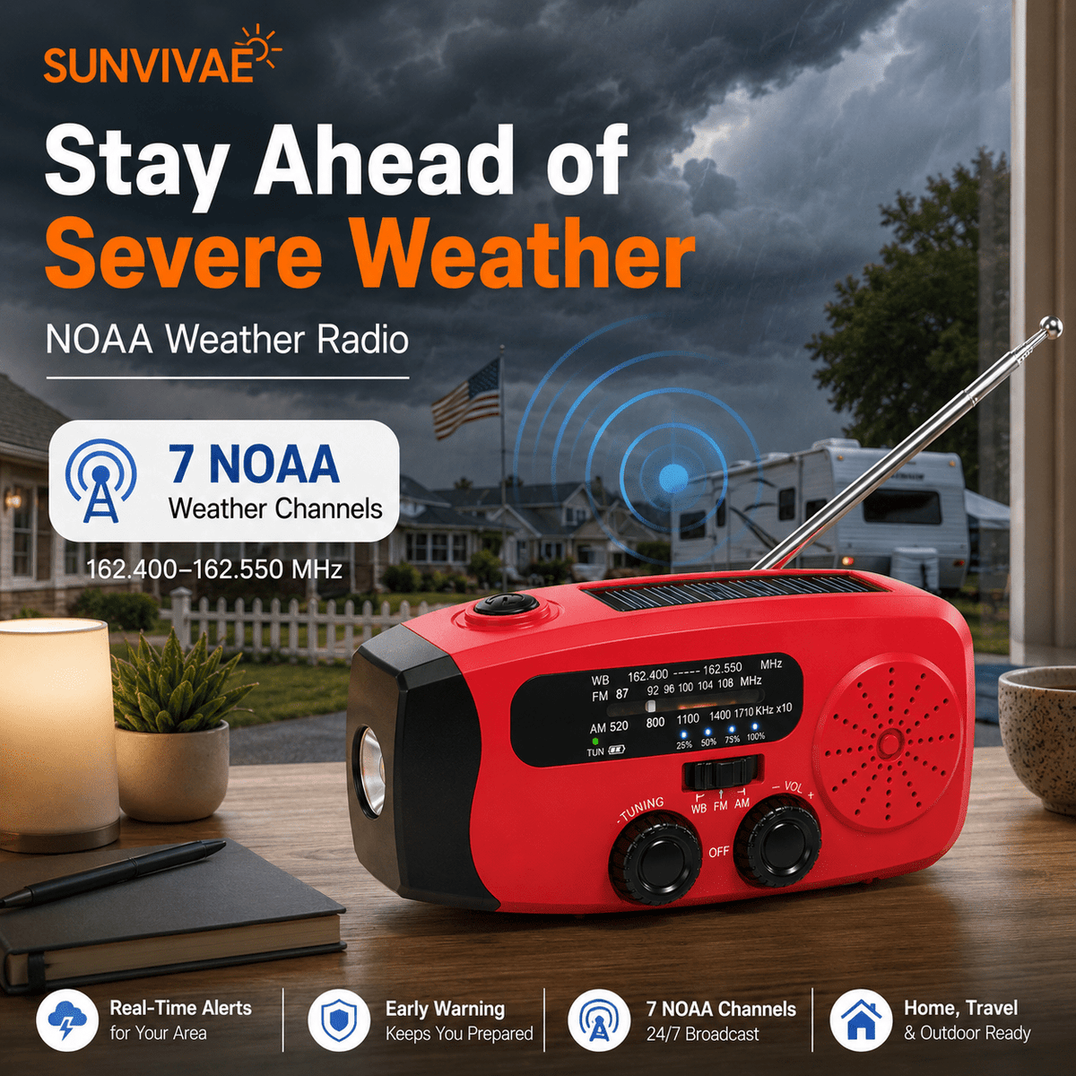 Sunvivae Compact Emergency Weather Radio with Hand Crank, Solar & 2000mAh Power Bank - Sunvivae