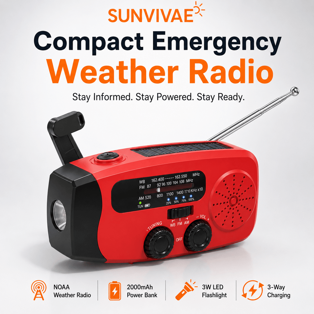 Sunvivae Compact Emergency Weather Radio with Hand Crank, Solar & 2000mAh Power Bank - Sunvivae