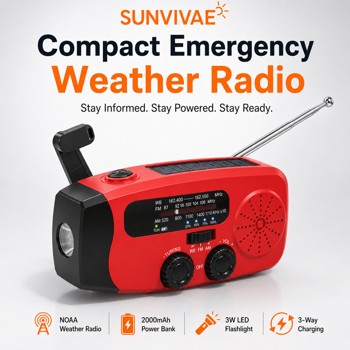 Sunvivae Compact Emergency Weather Radio with Hand Crank, Solar & 2000mAh Power Bank - Sunvivae