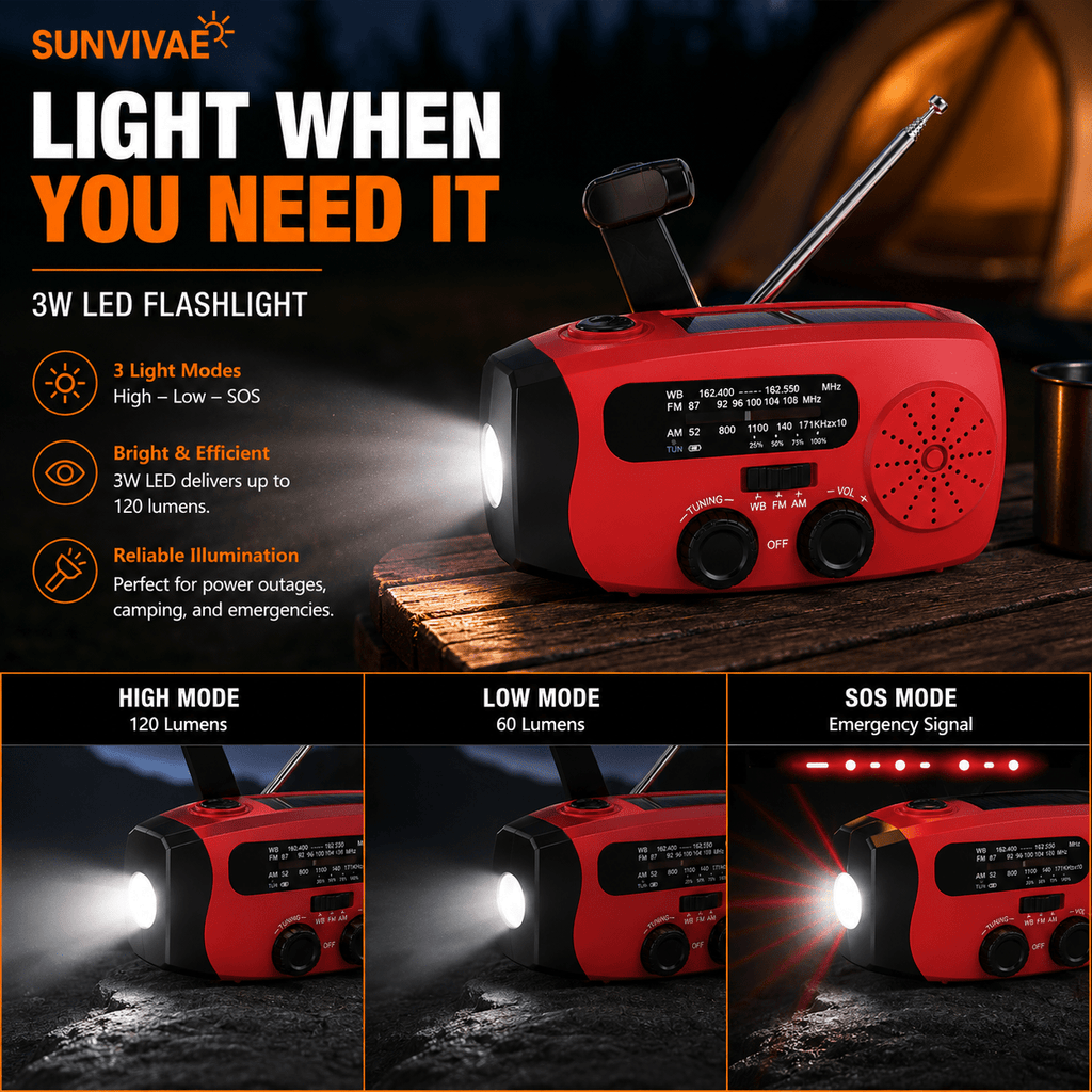 Sunvivae Compact Emergency Weather Radio with Hand Crank, Solar & 2000mAh Power Bank - Sunvivae