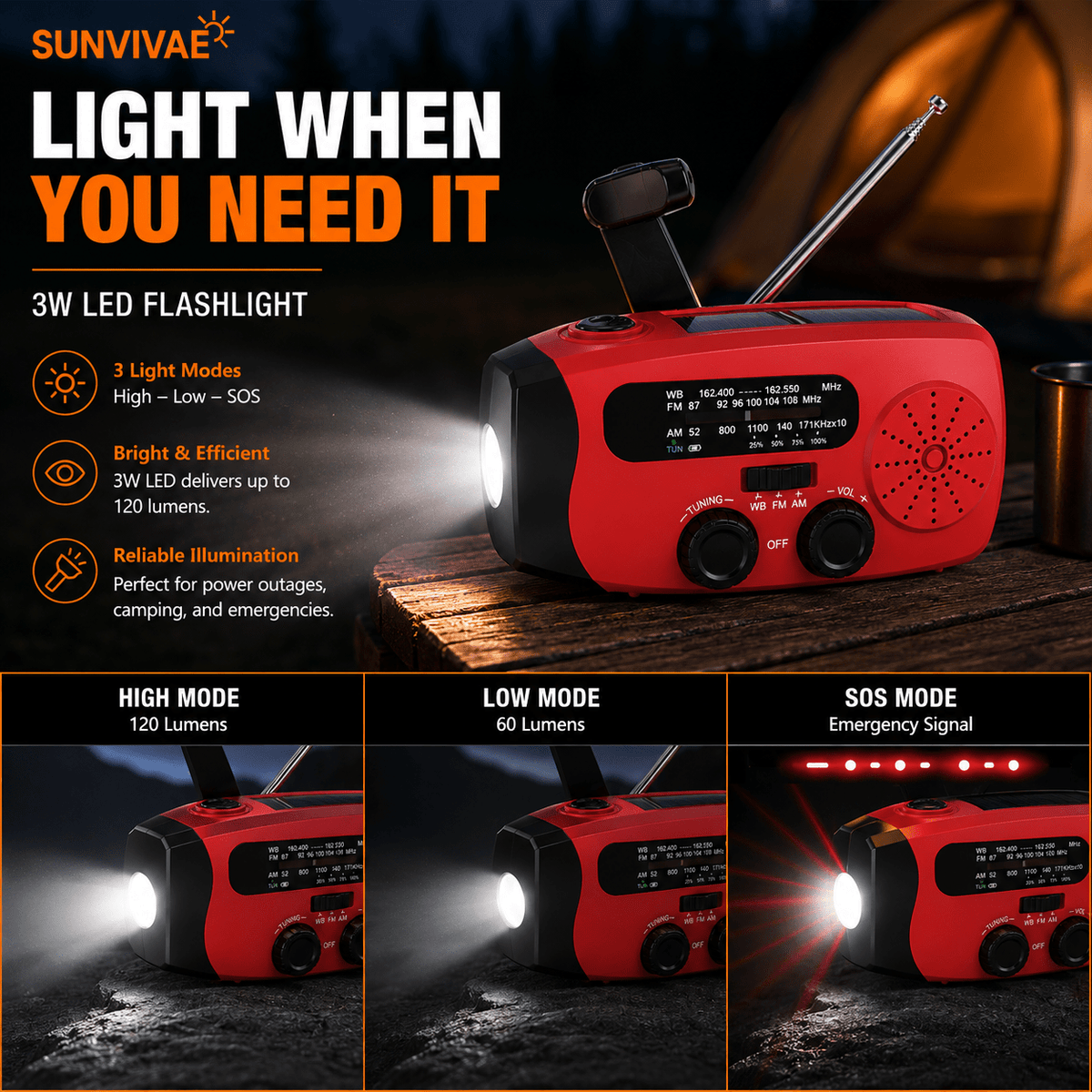 Sunvivae Compact Emergency Weather Radio with Hand Crank, Solar & 2000mAh Power Bank - Sunvivae