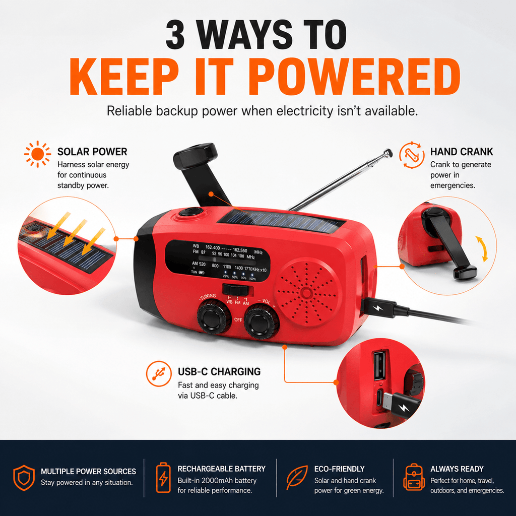 Sunvivae Compact Emergency Weather Radio with Hand Crank, Solar & 2000mAh Power Bank - Sunvivae