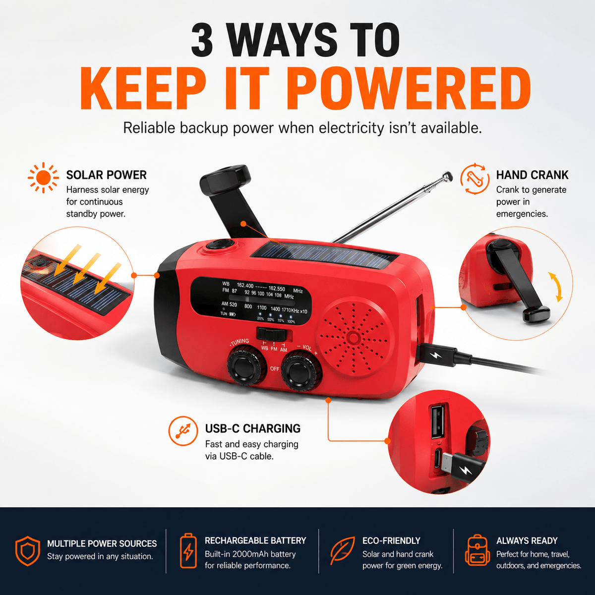 Sunvivae Compact Emergency Weather Radio with Hand Crank, Solar & 2000mAh Power Bank - Sunvivae