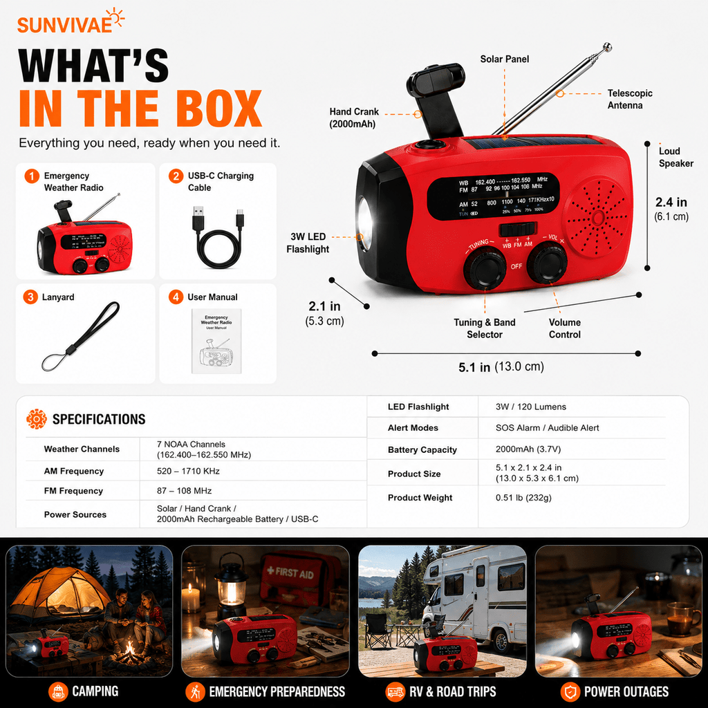 Sunvivae Compact Emergency Weather Radio with Hand Crank, Solar & 2000mAh Power Bank - Sunvivae