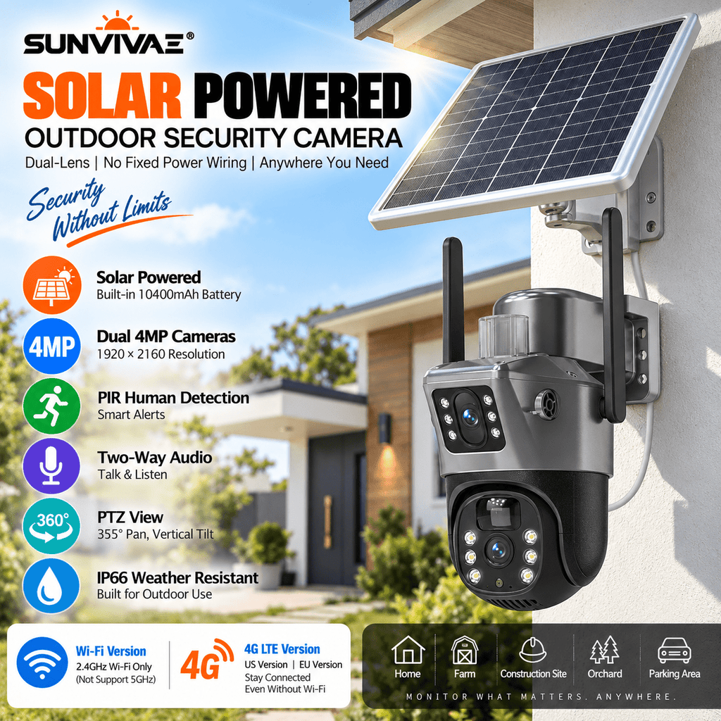 Sunvivae Dual-Lens Solar Security Camera with Wi‑Fi or 4G LTE - Sunvivae