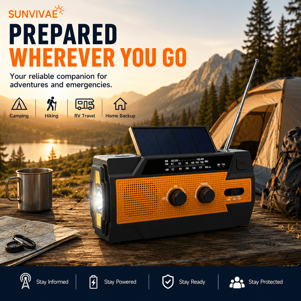 Sunvivae Emergency Weather Radio with 4000mAh Power Bank, NOAA/AM/FM, Solar & Hand Crank Charging, SOS Alarm and Flashlight - Sunvivae