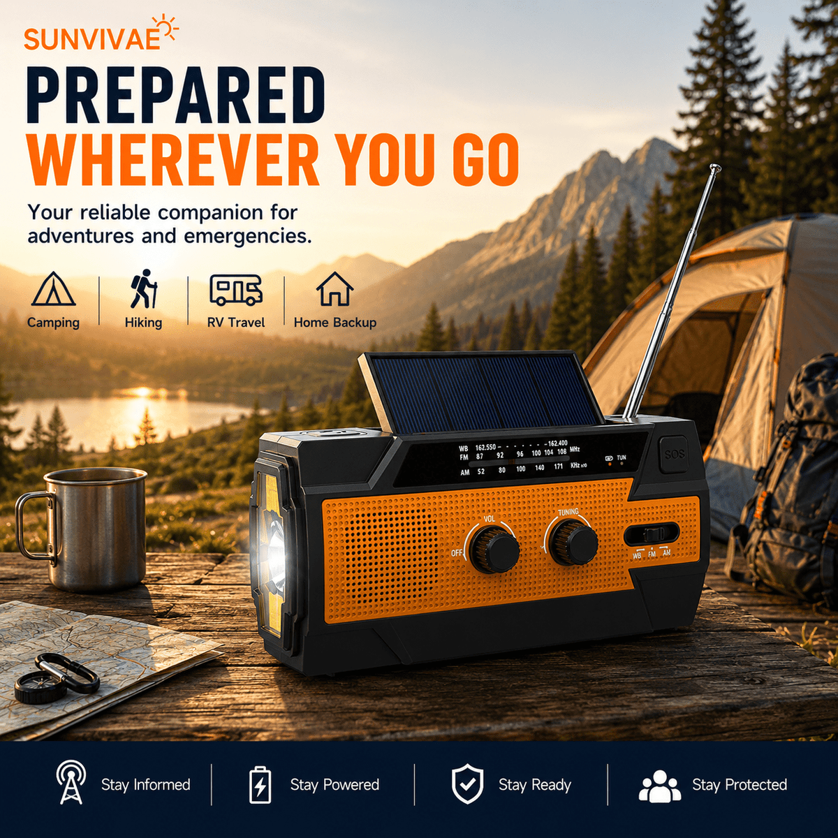 Sunvivae Emergency Weather Radio with 4000mAh Power Bank, NOAA/AM/FM, Solar & Hand Crank Charging, SOS Alarm and Flashlight - Sunvivae