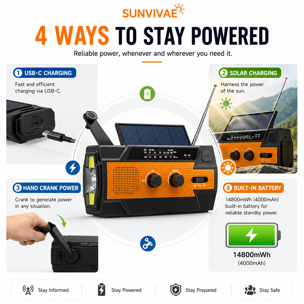 Sunvivae Emergency Weather Radio with 4000mAh Power Bank, NOAA/AM/FM, Solar & Hand Crank Charging, SOS Alarm and Flashlight - Sunvivae
